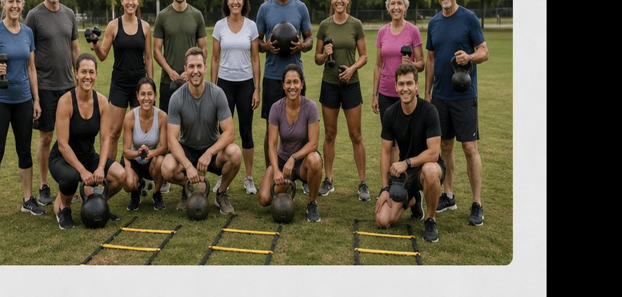 A dozen people of different generations in an outdoor group workout with kettlebells, hand weights, and agility ladders