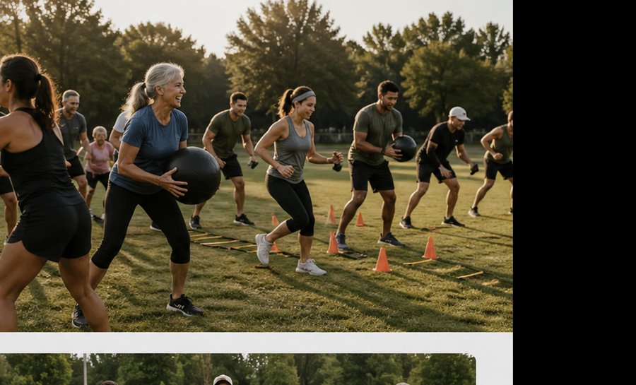 Multi-generational outdoor group workout with functional fitness equipment